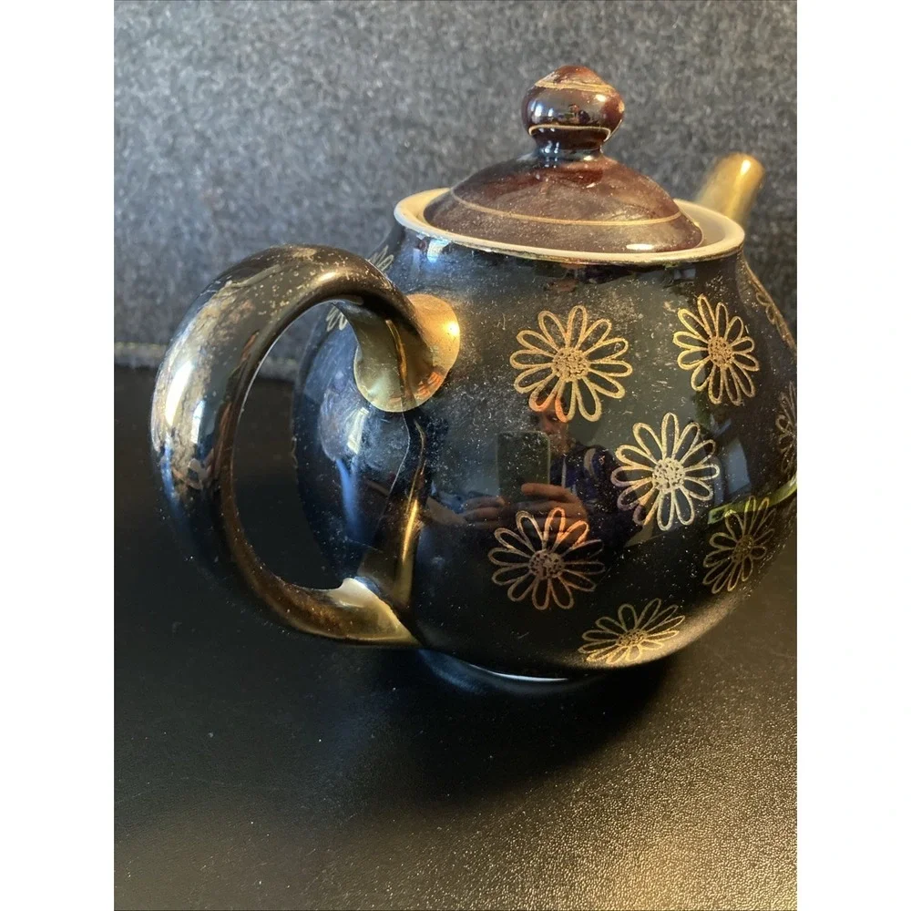 Vintage Hall 050 China- Black W Gold Flowers & Lid- 6 Cup Teapot- Made In USA 🫖